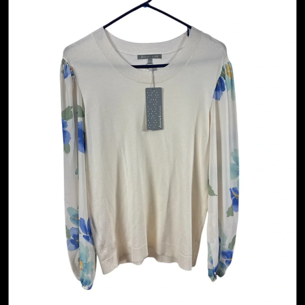 NWT Daniel Rainn Floral Puff Sleeve Mixed Media Sweater size large - Picture 2 of 7